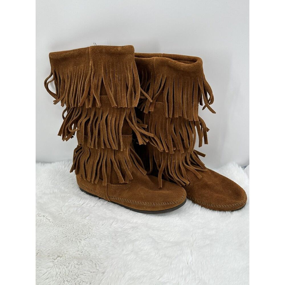 MINNETONKA 3-Layer Fringe Moccasin Mid-Calf High Boho Boot Women's Size 6